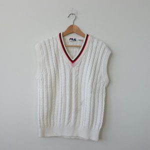90s VINTAGE FILA Sweater Mens Medium Tennis White Cotton‎ Vest Cable Knit Y2K